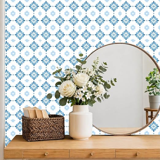 Blue White Floral Geometric Peel and Stick Floor Tiles 12x12 Inch 10PCS | Blue white floral geometric tile pattern vinyl floor stickers for kitchen bathroom entryway and indoor home decor
