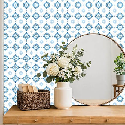 Blue White Floral Geometric Peel and Stick Floor Tiles 12x12 Inch 10PCS | Blue white floral geometric tile pattern vinyl floor stickers for kitchen bathroom entryway and indoor home decor