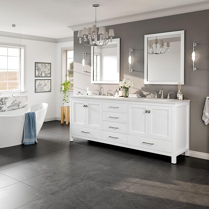Eviva Aberdeen 84 in. White Double Sink Bath Vanity with Carrara Quartz Top and Undermount Porcelain Sinks
