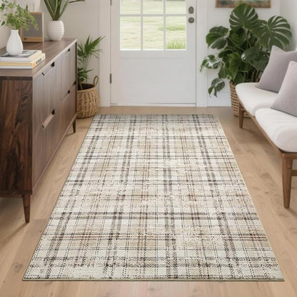 Washable Rugs 4x6 Rug for Living Room Modern Plaid Area Rug for Bedroom Tartan Non Slip Entryway Rug Soft Stain Resistant Carpet for Nursery Entrance Dining Room 4'x6' Beige