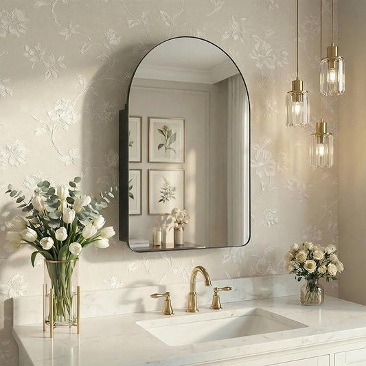 Casaphoria 36" H x 24" W Arched Wall Medicine Cabinets Mirrors, Bathroom Medicine Cabinet with Mirror, Metal Frame Wall Mirror Cabinet, Black G