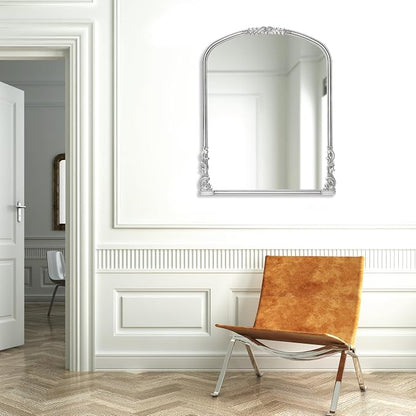 English Estate Carved Arch Wood Wall Mirror, Mirror for Entryway, Living Room, Bathroom, Antique Silver, 25.6x33.4