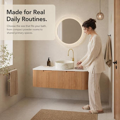 48 Inch Bathroom Vanity with Sink, Floating Wall Mounted Single Sink Vanity, Natural Woodgrain Curved Fluted Front, Stone Top, Marble-Look Round Vessel Basin, Pre-Assembled