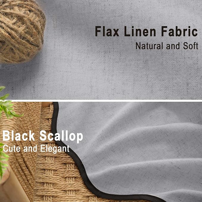 Scalloped Shower Curtain Linen Boho Flax Grey 72" W x 72" L | Linen Fabric, Black Border, Washable, Heavy Duty Cloth, Shower Curtain for Boho Farmhouse Bathroom Bathtub