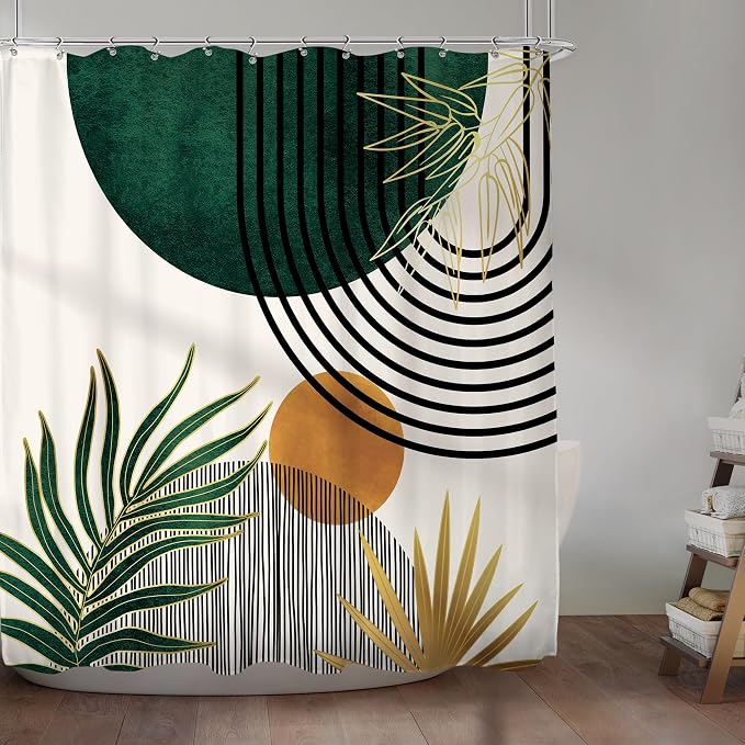 KOMLLEX Mid Century Green Boho Abstract Modern Bathroom Shower Curtain Set | 72Wx72L Plant Botanical design, waterproof HD print with fast-drying fabric and 12 hooks.