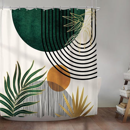KOMLLEX Mid Century Green Boho Abstract Modern Bathroom Shower Curtain Set | 72Wx72L Plant Botanical design, waterproof HD print with fast-drying fabric and 12 hooks.