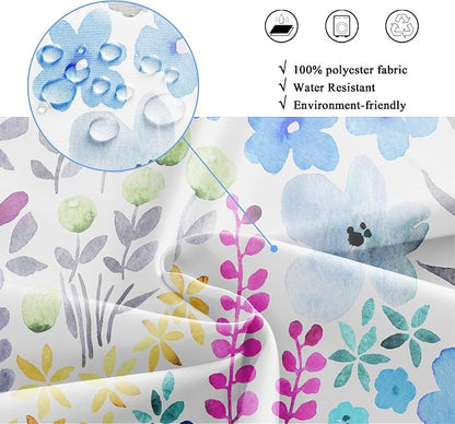Blue Floral Girls Kids Boho Cute Wildflower Art Bathroom Shower Curtain Set | 60"W x 72"H Watercolor Leaves; waterproof HD print, quick-dry fabric with 12 hooks for easy hanging.