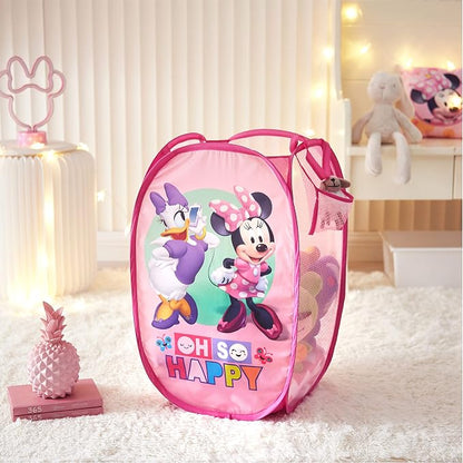 Disney Minnie Mouse Pop-Up Hamper,“Oh So Happy” Design, 21”H x 13.5”W x 13.5”L, Durable & Collapsible Laundry Basket with Carry Handles for Kids Room