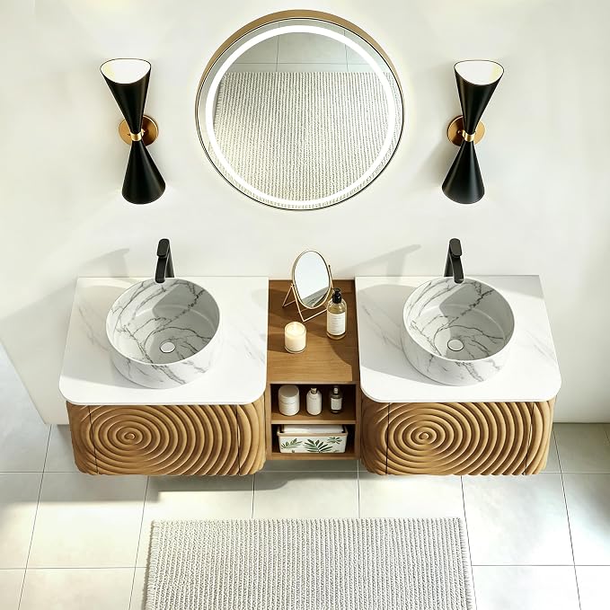 60" Floating Bathroom Vanity with Double Sink, Mid-Century Wall Mounted Bathroom Vanity Cabinet with Wood Waved Decor, Marble Ceramic Basin, Sintered Stone Top, Soft Close Drawer, Side Open Cube
