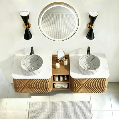 60" Floating Bathroom Vanity with Double Sink, Mid-Century Wall Mounted Bathroom Vanity Cabinet with Wood Waved Decor, Marble Ceramic Basin, Sintered Stone Top, Soft Close Drawer, Side Open Cube