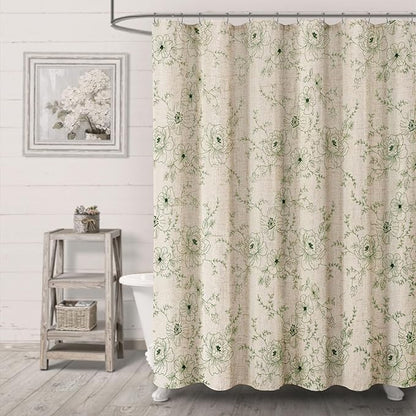 Farmhouse Floral Linen Shower Curtain, Vintage Green Embroidered Pattern Rustic Shower Curtains for Bathroom, Tan Taupe,72x72