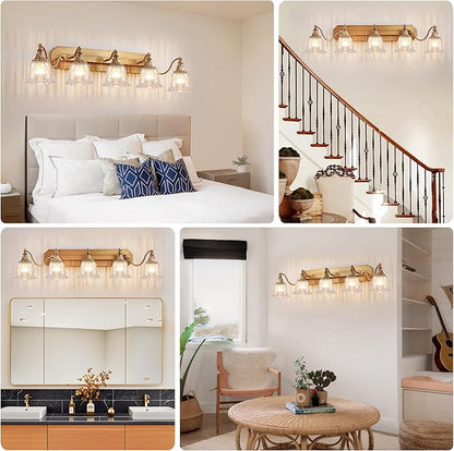 Gold Vintage Bathroom Light Fixtures, 5-Lights Bathroom Vanity Light, Antique Brushed Gold Lighting Fixtures Over Mirror with Crystal Glass Shade, Wall Sconce Lighting