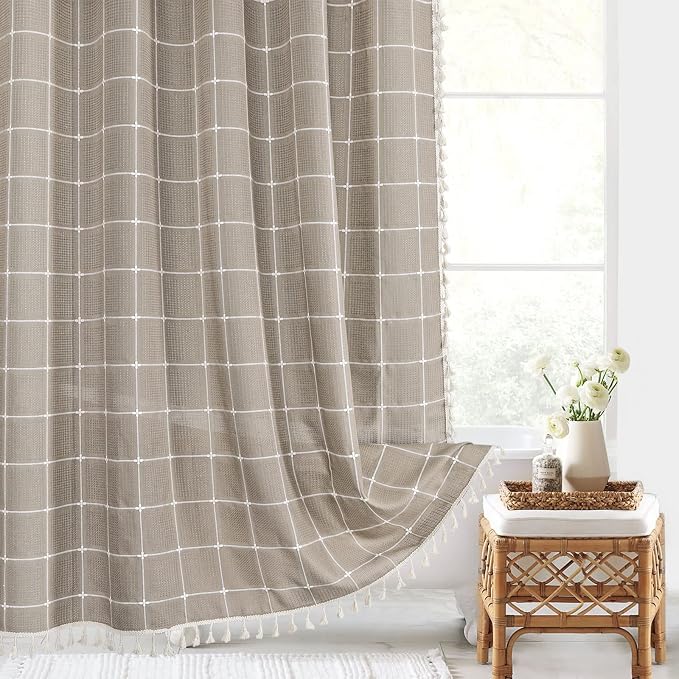 Extra Long Boho Farmhouse Shower Curtain for Bathroom 72x84 | Extra Long French Country Plaid Tassel Shower Curtain, Rustic Aesthetic Bathroom Decor Windows Curtain, Taupe
