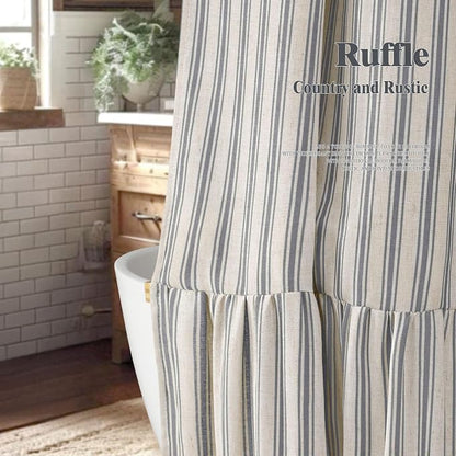 Farmhouse Shower Curtain Ruffle Linen Cream-Grey Stripe 72"W x 84"L | Farmhouse Boho, Striped, Bottom Ruffle, Linen Fabric, Rustic, Country, Natural Look, Washable, for Bathroom Bathtub