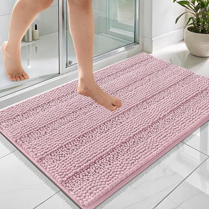 OLANLY Thick Bathroom Rugs 36x24, Chenille Striped Bath Rugs, Dusty Rose | Rubber Backing, Machine Wash, Extra Soft Absorbent Bath Mats for Bathroom Floor, Tub and Shower, Home Decor Accessories
