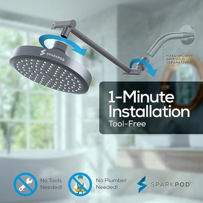 SparkPod 6" Round Rain Shower Head with 11" Shower Arm | Shower Head & Extension Arm Combo, Height Adjustable, High Pressure Performance, Easy 1-Minute Installation, Charcoal Grey