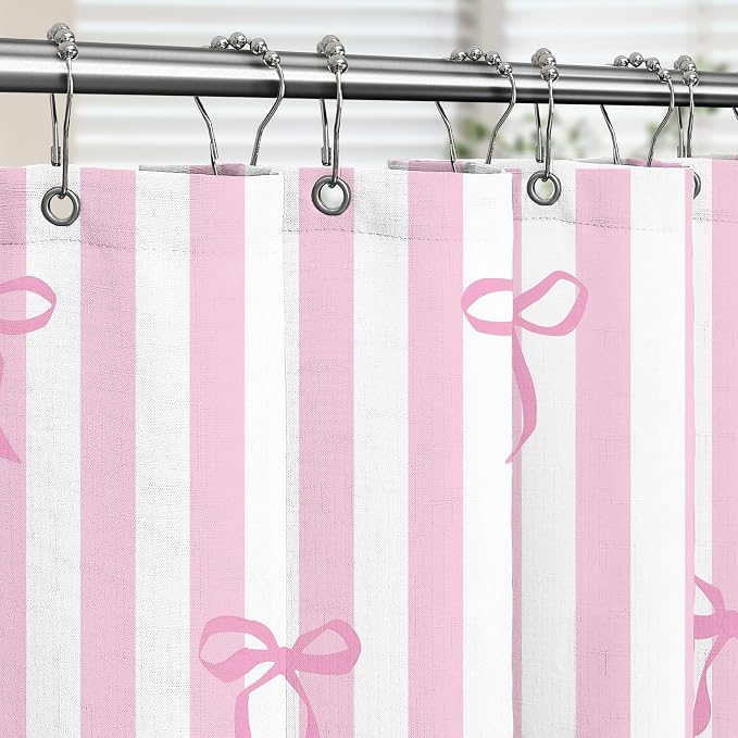 Tititex Cute Candy Cane Striped Pink Bow 140gsm Faux Linen Fabric Shower Curtain, White Pink Elegant Classic Shower Curtain Sets Decoration 72x72 Inch with Hooks