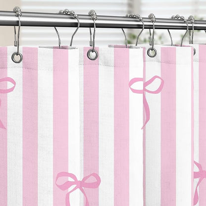 Tititex Cute Candy Cane Striped Pink Bow 140gsm Faux Linen Fabric Shower Curtain, White Pink Elegant Classic Shower Curtain Sets Decoration 72x72 Inch with Hooks