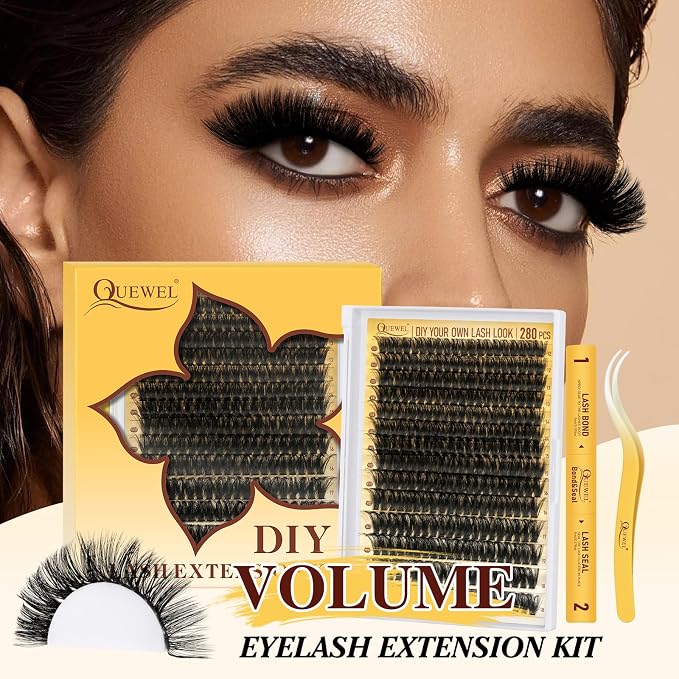 QUEWEL Lash Clusters Kit, 320Pcs 100D Lash Cluster Eyelash Extensions | Mix 12-18mm 3D Eyelash Clusters with Lash Bond and Seal and Lashes Tweezer Easily Create 3D Lashes Clusters at Home(100D Kit)