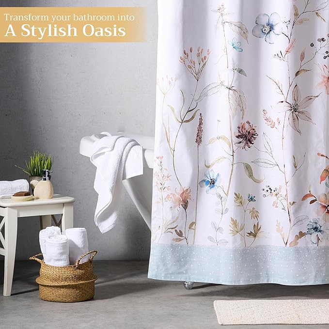 Maison d' Hermine Shower Curtain 100% Cotton One Panel 70"x72" Washable Fabric Shower Curtains for Bathroom, Easy Hanging with 12 Button Holes - Home Hotel Spa Easter Gifts (Ice Florals)