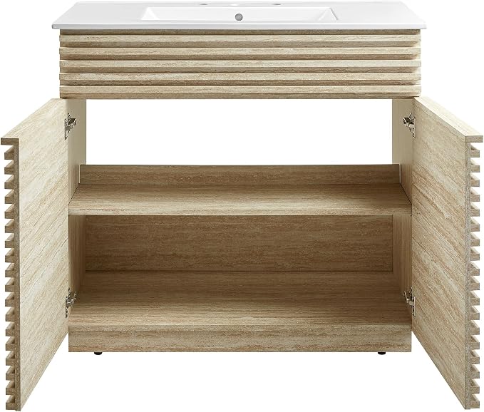 Modway Render Faux Travertine Slatted 36 Inch Bathroom Vanity in White with Sink Combo - Mid-Century Modern Single Sink Bathroom Vanity - Vanity Cabinet with Soft-Close Doors
