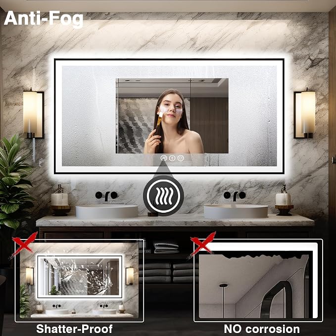 EchosLife Large 88x38 LED Bathroom Mirrors - Black Aluminum Trim | Black Frame, Front and Backlit, Anti-Fog, Stepless Dimmable, 3 Colors, Memory, Tempered Glass, UL Listed, Horizontal/Vertical