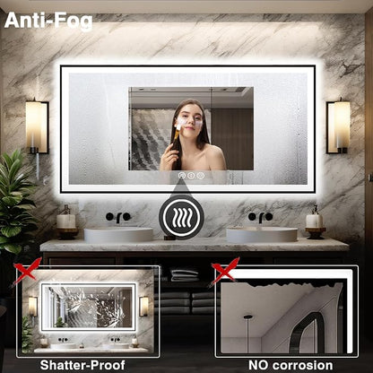 EchosLife Large 88x38 LED Bathroom Mirrors - Black Aluminum Trim | Black Frame, Front and Backlit, Anti-Fog, Stepless Dimmable, 3 Colors, Memory, Tempered Glass, UL Listed, Horizontal/Vertical