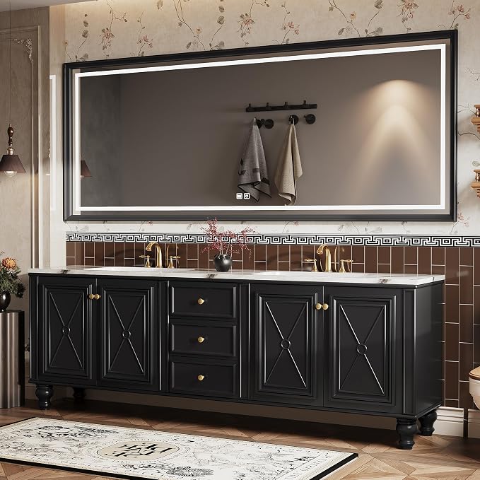 Double Sink Bathroom Vanity, Luxurious Bathroom Vanity with LED Smart Defog Mirror, Solid Freestanding Wood Vanity Sink Cabinet