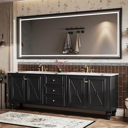 Double Sink Bathroom Vanity, Luxurious Bathroom Vanity with LED Smart Defog Mirror, Solid Freestanding Wood Vanity Sink Cabinet