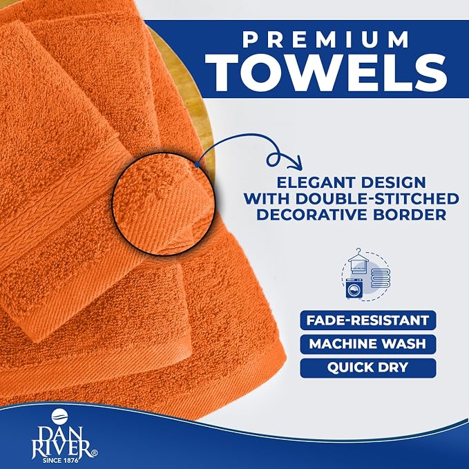 DAN RIVER 8 Piece Luxury Bath Towels for Bathroom, Towel Set, Orange | 2 Bath towels, 2 Hand towels, and 4 Wash Cloths, 600 GSM 100% Ring Spun Cotton, Highly Absorbent, Gym, Hotel, guest, and Spa