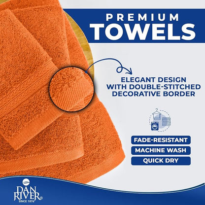 DAN RIVER 8 Piece Luxury Bath Towels for Bathroom, Towel Set, Orange | 2 Bath towels, 2 Hand towels, and 4 Wash Cloths, 600 GSM 100% Ring Spun Cotton, Highly Absorbent, Gym, Hotel, guest, and Spa
