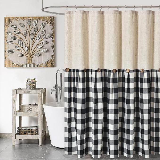 DOSLY Ides Linen Button Farmhouse Shower Curtain, Linen and Cotton Fabric, Pleated Black and White Buffalo Plaid Checked Pattern, Country Style, 72x72 in