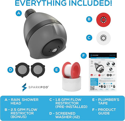 SparkPod High Pressure Shower Head, 3 Inch Fixed Showerhead, Charcoal Grey | Rain, Pulsating & Combo Modes, Helps Boosts Low Water Pressure, Anti-Clog Nozzles, Easy Install