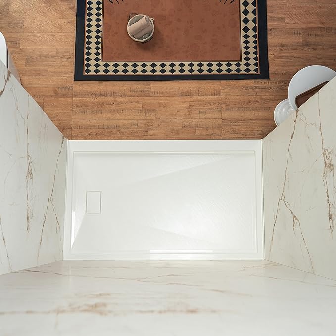 Woodbridge 60" W x 96" H 3-Piece Solid Surface Tile Tub and Shower Wall Panel Surround Kit in Beige Marble with Soft Brown Veining (High Gloss Finish), Quick Install and Trimmable, 3/16" (5mm) Thick