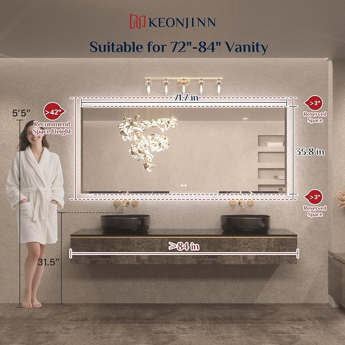 Keonjinn 84"x40" LED Bathroom Mirror with Lights, Safe HD Tempered Glass | Elegant Beveled Edge, Dimmable 3 Color Lights, Auto-OFF Defogging, Wall Switch/Plug in, Secure Installation, Large LED Mirror