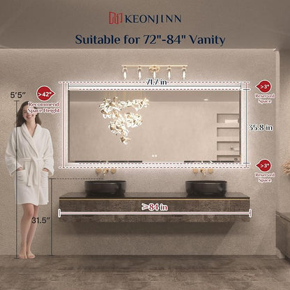 Keonjinn 84"x40" LED Bathroom Mirror with Lights, Safe HD Tempered Glass | Elegant Beveled Edge, Dimmable 3 Color Lights, Auto-OFF Defogging, Wall Switch/Plug in, Secure Installation, Large LED Mirror