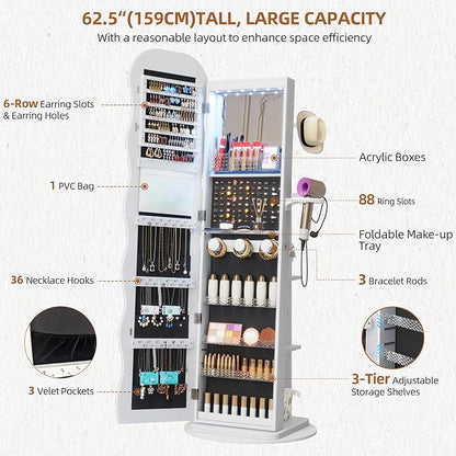 Vlsrka LED Mirror Jewelry Cabinet Standing, 360° Swivel, White | Lockable Jewelry Armoire with Mirror, Interior LED Makeup Mirror, Foldable Shelf, Large Capacity, Gift for Women, Girls
