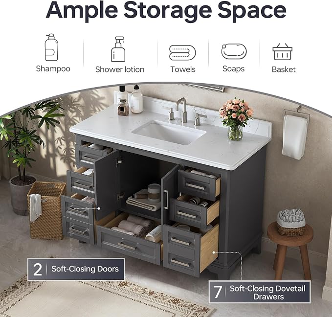 48 Inch Fully Assembled Bathroom Vanity with Sink, Grey | Solid Wood, Quartz Top & Backsplash, Soft-Close Doors, Dovetail Drawers, Large Storage, Modern Farmhouse Bath Upgrade