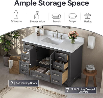 48 Inch Fully Assembled Bathroom Vanity with Sink, Grey | Solid Wood, Quartz Top & Backsplash, Soft-Close Doors, Dovetail Drawers, Large Storage, Modern Farmhouse Bath Upgrade