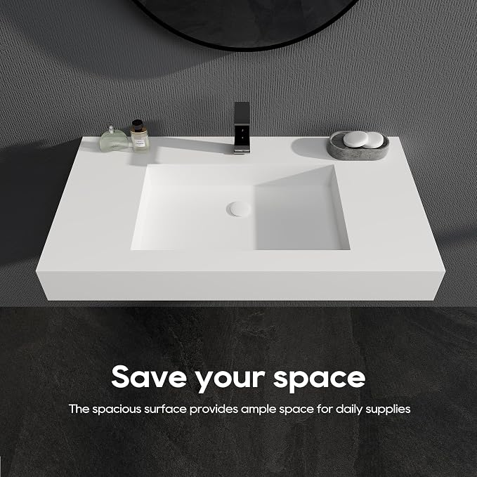 SJ Star&Jane 35" x 19" in Solid Surface Bathroom Sink, Wall-Mount or Countertop Vessel Sink, Rectangle Floating Vanity Sink, Pre-installed Faucet Holes, Durable Modern Design