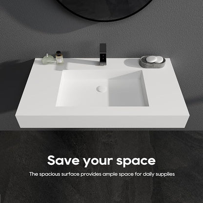 SJ Star&Jane 35" x 19" in Solid Surface Bathroom Sink, Wall-Mount or Countertop Vessel Sink, Rectangle Floating Vanity Sink, Pre-installed Faucet Holes, Durable Modern Design