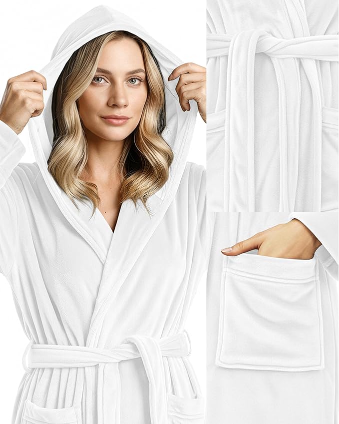 NY Threads Women's Fleece Hooded Bathrobe Plush Long Spa Robe, Medium