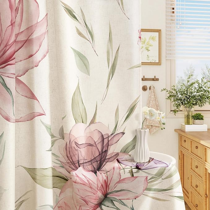 Litabel Farmhouse Pink Floral Linen Shower Curtain, Boho Vintage Spring Cotton Shower Curtains for Chic Elegant Bathroom Decor, Ink Painting Style Blossom Fabric Bath Curtain, 72 x 72