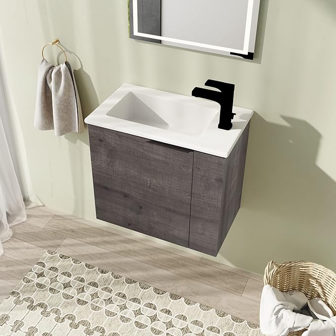 22" Bathroom Vanity with Sink, 22 Inch Floating Bathroom Vanity for Small Space, Modern Bathroom Vanity, Grey Wall Mounted Cabinet Set（002）