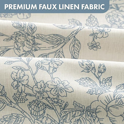 Extra Long Linen Blue Floral Shower Curtain W72*L90 Inches | Linen Textured Fabric, 12 Rustproof Metal Hooks, Wrinkle Resistant Cloth, Machine Washable, Bathroom Decor for Cottage Core