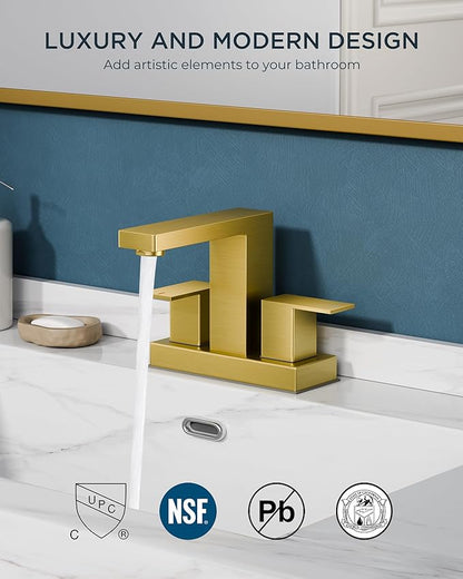 FORIOUS Gold Bathroom Faucet Centerset 4 in, 2 Handle Centerset Bathroom Sink Faucet Brushed Gold 2 Hole, with Metal Pop Up Drain, 24 in CUPC Supply Lines, for Vanity Sink Remodel