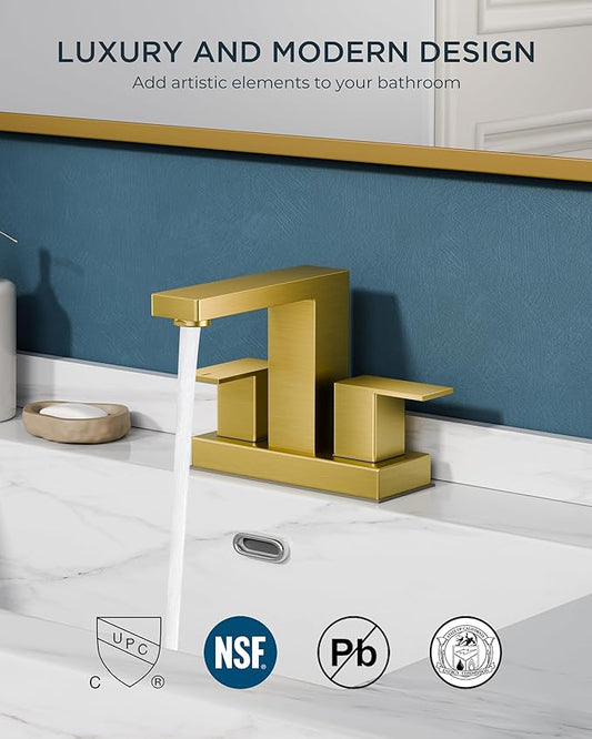 FORIOUS Gold Bathroom Faucet Centerset 4 in, 2 Handle Centerset Bathroom Sink Faucet Brushed Gold 2 Hole, with Metal Pop Up Drain, 24 in CUPC Supply Lines, for Vanity Sink Remodel
