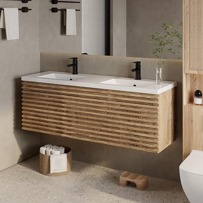 eclife 60" Floating Bathroom Vanity with Sink Combo Mid-Century Wall Mounted Cabinet with Wood Stripes Decor, Drawers, Undermount Double Sink, Faucet, Drain, Light Walnut