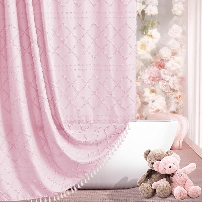 Siiluminisoy Boho Shower Curtain Pink Woven Fabric Cute Shower Curtain, 72 x 72 Tufted Chevron Textured Striped Modern Farmhouse Minimalist Cloth Shower Curtains for Bathroom