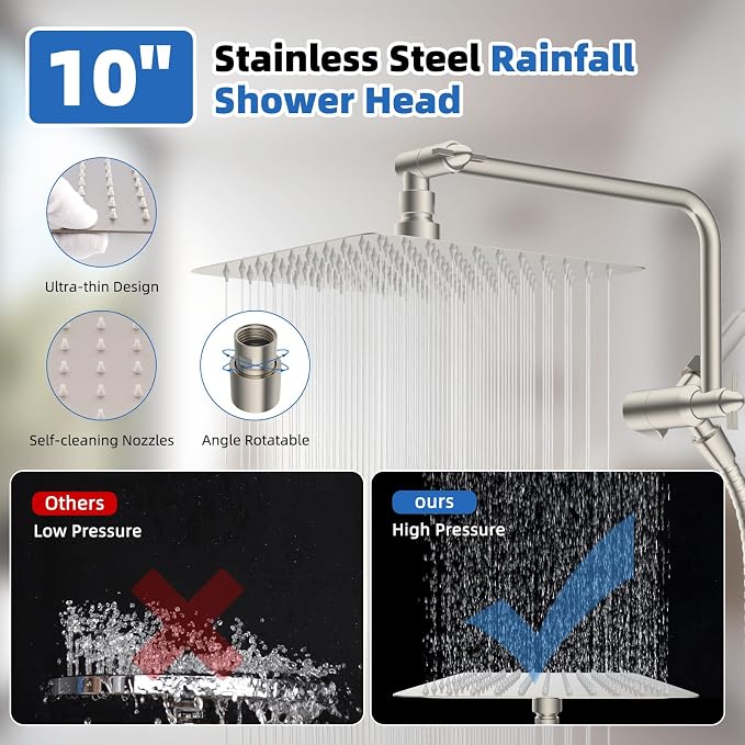 10" Metal Rainfall Shower Head with 10-Mode Handheld, Brushed Nickel | NSF/ANSI/CAN 372 Certified, High Pressure Showerhead Combo with 11" Adjustable Shower Arm, 71" Hose, Shower Head Holder